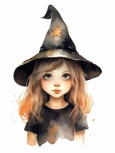 watercolor, upper body of a cute girl wearing a halloween witch hat, clipart, 8k, hd, white background,