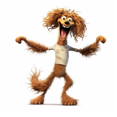 a skinny dog with frizzy hair, dancing, exceptionally funny, silly, goofy dog, full body image, pixar style, clipart, white background,