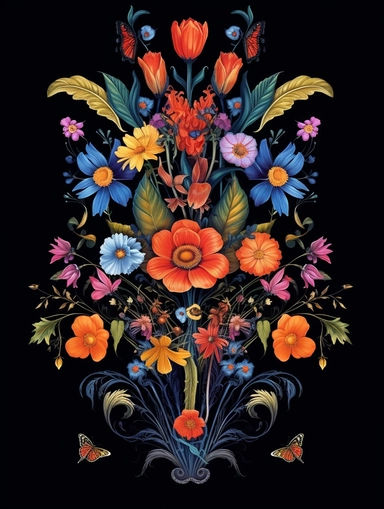 witchy style wildflowers botanical clipart, symmetrical design, decorative motif, folklore