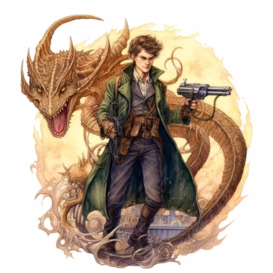 A steampunk image featuring Harry Potter as a fearless dragon hunter. He wears a leather coat with pockets for tools and technological gadgets. His mechanical pistol that shoots magical projectiles is concealed in a special holster on his hip. In the background, mighty mountains and fire envelop a dragon. Clipart, watercolor, white background, intricate detail, steampunk aesthetic, fantasy elements.