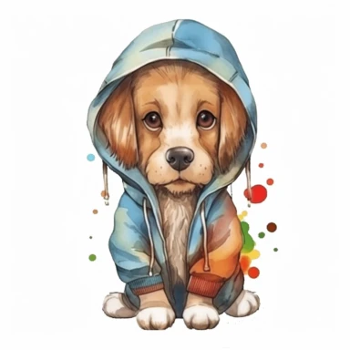 cute puppy wearing a hoodie, watercolor illustration clipart,