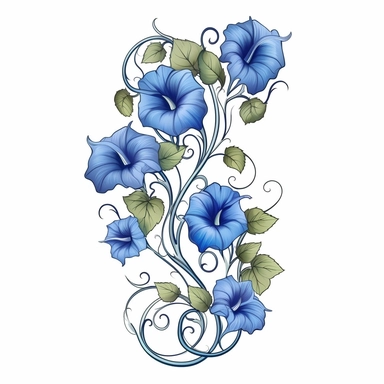 ar 1:1 clipart, vintage style climbing blue morning glory flowers and vines, Vector illustration. Isolated on a white background, no gradient, text