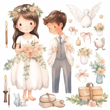 First communion illustrations clip art set, watercolor, white background, simple, soft colors, cartoon elements girl, boy, holy cross, white doves, tulips, peonies, eucalyptus branches, wooden rosary beads, powder pink flowers, girl on the day of her first communion with white balloons on a wooden bench