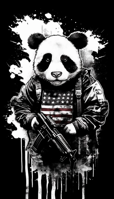 Panda dressed as a graffiti artist holding a gun black and white, silhouette of American flag background, clip art by Mr. Brainwash
