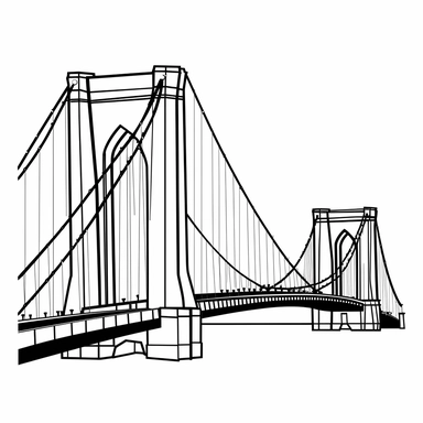 [Theme: New York] Brooklyn Bridge, simple clipart, coloring book for kids, minimalist cartoon vector line art, thick solid black lines, black and white, isolated on white background