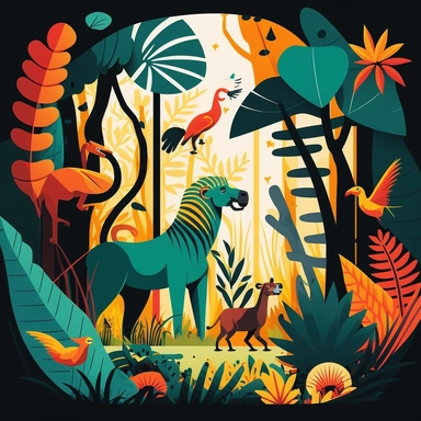 Create a vector graphic illustration of clipart animals interacting in a vibrant jungle scene. The style should echo modern flat design principles, simple yet visually engaging. The setting is well-lit, like a clear, sun-filled day, highlighting the bold primary and secondary colors of the animals and foliage. The composition is a medium shot, focusing on the playful interactions between different animals. white background