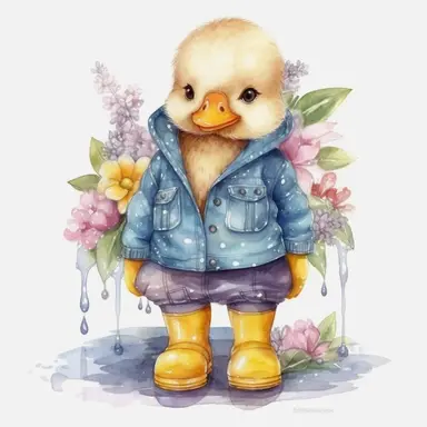 Watercolor FLORAL DUCKING IN RAIN WEARING WINTER CLOTHES AND BOOTS clipart, Cute baby animal clipart, WATERCOLOR ART, CUTE BABY DUCKING, ONE DUCK IN ONE IMAGE, HIGH QUALITY