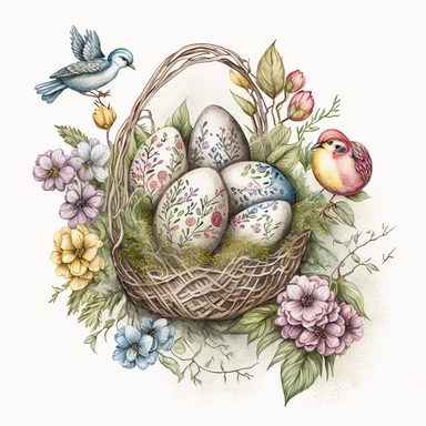 funny drawn sketch easter eggs with romanian traditional pattern in a a basket with flowers on white background, artistic painting, easter spring scene, add some spring leaves, add some flowers,add some birds, spring pastel colors, watercolor, clipart, 2d, sketch style, no text, no logo