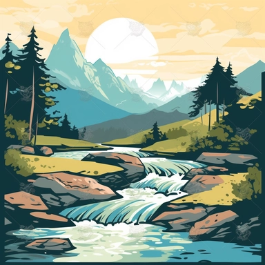river flowing down mountain clipart