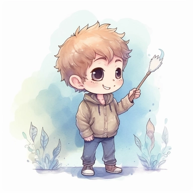 little boy, full body, holding toothbrush learns how to brush his teeth, watercolor clipart, strybk, full illustration, 4k, sharp focus, watercolor, smooth soft skin, children's style fairy talkes, chibi kawaii,