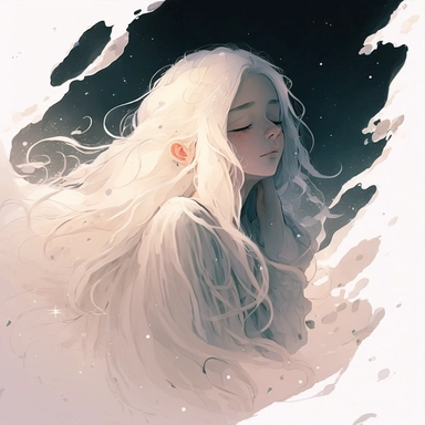 Young beautiful innocent kind girl with white hair sleeping, lying down deeply sleeping in a comfy bed. Strong and brave. Portrait. Shimmering translucent skin. Fantasy, meditating, holy. Puffy pillows and bed. Dappled lighting. Tulle layers detailed layering sun dress. Muted Pastel color lighting. Watercolor Clipart, cel shading, vector, clipart, 8k, line art, sacred geometry, surreal, glistening highlights, stars in her hair, purple eyes, acrylic art style, beautiful cartoon anime, portrait, m