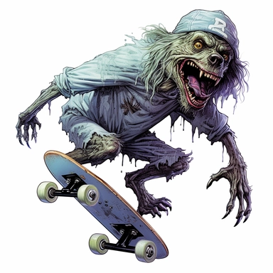 a sticker, artwork of t shirt graphic, a cool Zombie dog skateboarding by bernie wrightson, highly detailed clean, vector image, photorealistic masterpiece, professional photography, realistic, flat white background, isometric, vibrant vector, clipart, il