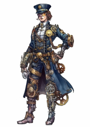watercolor steampunk police officer in uniform decorated with some gears, highly detailed ,clipart, hd, on white background, spaced out
