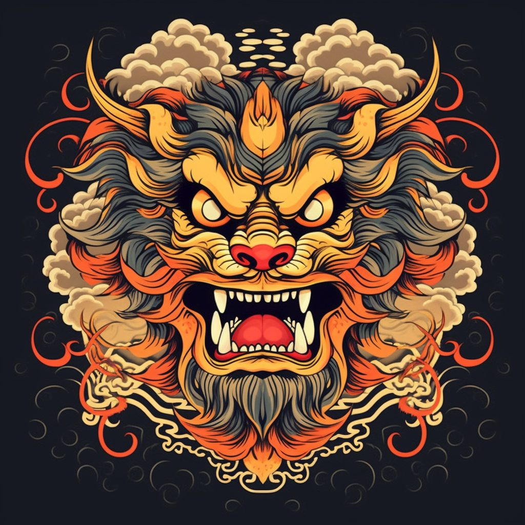 illustration, of, an, asian, lion, face, in, a, gold, background,, in ...