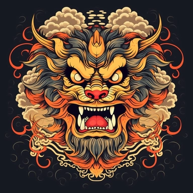 illustration, of, an, asian, lion, face, in, a, gold, background,, in, the, style, of, unique, yokai, illustrations,, classic, tattoo, motifs,, colored, cartoon, style,, traditional, vietnamese,, tom, grummett,, smokey, background,, balance, an, image, of, a, lion, with, a, cigar,, in, the, style, of, unique, yokai, illustrations,, traditional, color, scheme,, traditional, vietnamese,, symmetrical, asymmetry,, contest, winner,, wildstyle,, soft, color, blending, dragon, heads, with, a, cigar, cl