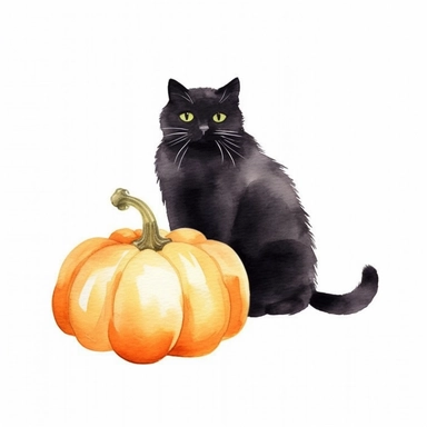 Watercolor clipart cute black cat on pumpking white background