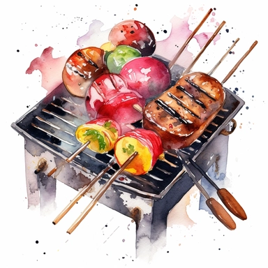 Watercolor BBQ Clipart - Barbeque grill kebab clipart , Watercolor Clipart , original hand drawing, style of the artwork, mood of the artwork, white background, 8K quality, ultra detailed , clipart, white background, High Quality, ultra detailed