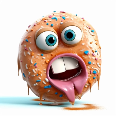 clipart of a messy donut, there is a funny face in thedonut, cartoon, for kids, funny, pixar, 8k, white background, sharp focus, detailed,