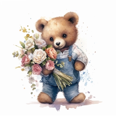 anthropomorphic illustration of a cute teddy bear holding a bouquet of flowers, watercolor, clip art, white background, 8k, high resolution