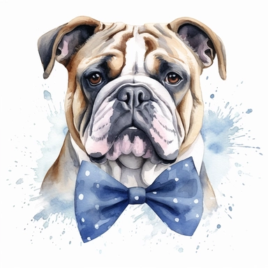 Bulldog wearing a stylish bowtie, exuding elegance and charm, white background, watercolor clipart