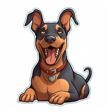cute Doberman Pinscher, happy and smiling, bold line, clipart, sticker, white background, no shadow, 8k detail