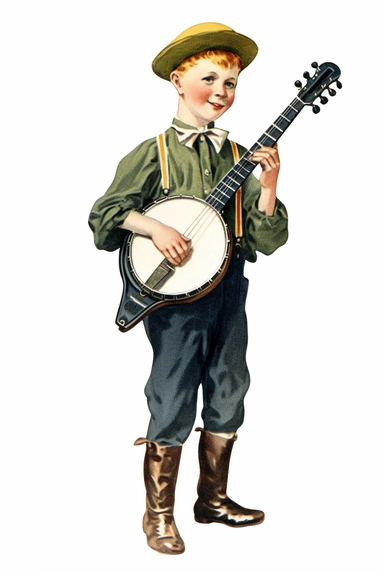 Vintage 1920 Full Body View of a Victorian Small Child Playing Banjo Illustration, Chromolithograph, 1920s Illustration, Vintage, Chromolithograph, Colorful, Antique, Ephemera, Clipart, 8k, Isolated on white