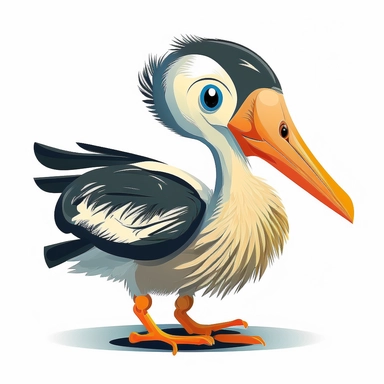 A clipart for kids with a cute baby stork animal motif in frontal view on white background. The animal motif is depicted in bold colors