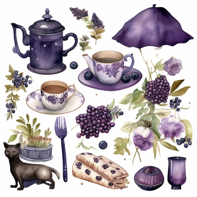 watercolor illustrations of various items including tea, coffee, baked goods and flowers, in the style of light purple and navy, primitivist style, dotted, ingrid baars, southern countryside, purple and black, lively tableaus, Clipart Collection, objects isolated on white background