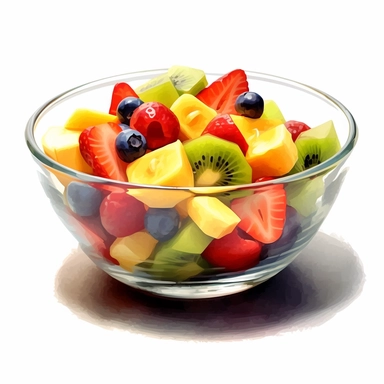 healthy fruit salad bown in the style of digital airbrushing, realistic yet stylized, digitally enhanced, clipart, 32k uhd, clipart, white background