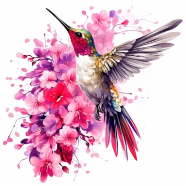 A whimsical hummingbird hovers near a cluster of vibrant fuchsia flowers, its iridescent feathers shimmering in the sunlight of the Spring garden, ,clipart, on a white background.