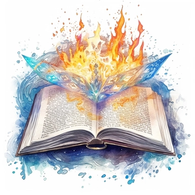 Solid white background, Detailed watercolor open ancient wizard magic book with symetrical love magic swelling from the book's pages clipart. The visable pages of the book have glowing etched runes on them visibly.