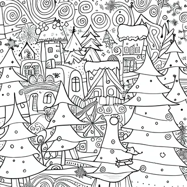 Elaborate Christmas scene, clipart style, line art, bold lines, smooth lines, clean, white, mono, fun, simple, “interesting complimenting background” uhd, 32k