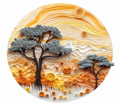africa accacia trees landscape, art of quilling clipart, gold and glory pastel mute soft colors, illustration, white solid background,