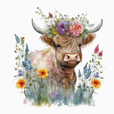 A whimsical watercolor clipart: a sprightly highland calf adorned with colorful hats and scarves, frolicking among a garden of blossoming flowers. Pure joy captured. HD quality. Resolution: