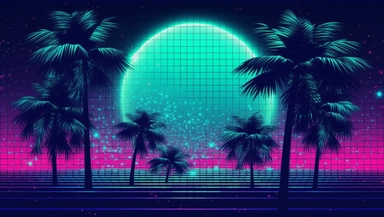the fading color aquamarine moon with points stars, palm trees in the background 80s concept stock illustrations, clipart, illustrations & animations, in the style of neon grids, futuristic cyberpunk, pixelated, outrun, light blue and black, psychedelic surrealism:, konica auto s3