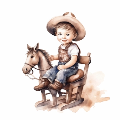 Clipart, watercolor, white background: Design a clipart of a baby cowboy with a cowboy hat, sitting on a rocking horse and pretending to ride