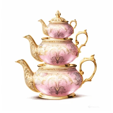 ultra detailed realistic watercolor clipart, stack of 3 fancy gold rimmed and light pink tea pot, royal vintage leaf pattern, design, white background,