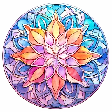 commercial shot of watercolor clipart of mandala flower style stained glass clipart, luminescent colors, whimsical, sublimination clipart god rays, 80's anime style, fantasy, high quality watercolor style clipart, intricate detail, isolated on white, award winning,