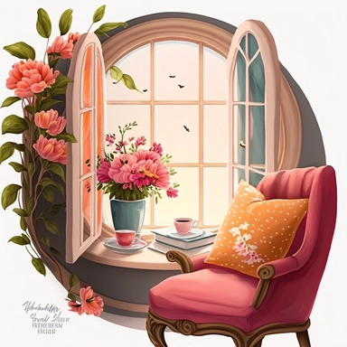 Bookworm cozy reading corner, flowers, window, peach and magenta, clipart