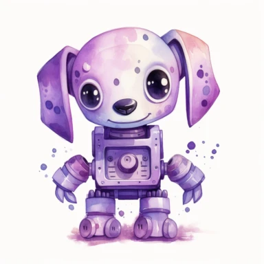 watercolor kawaii purple robot dog clipart on a white background