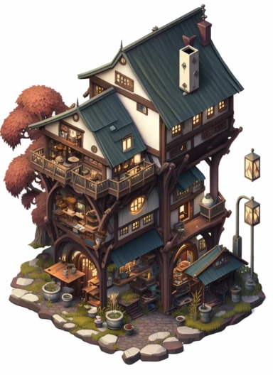enamel 3D isometric bohemian medieval fantasy steampunk luxurious tavern inn onsen, ukiyo-e clipart illustration, white background