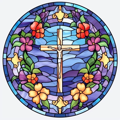Stained Glass Cross with flowers in the shape of a circle PNG Clipart