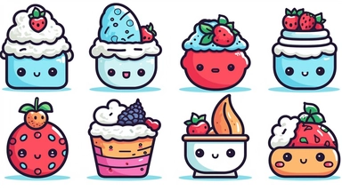 Clipart cartoon ( assorted desserts) outline ,, kawaii style ,on white background