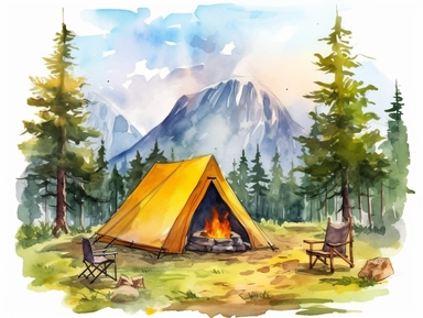 camping tent with a tree and mountains in the background, logs around a campfire stove, campfire far from tent, sun in the sky, watercolor clipart,