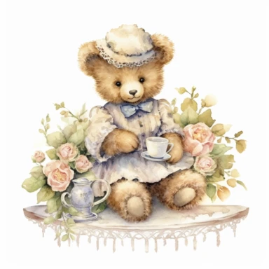 victorian vintage adorable little teddy with banquette and wild flowers, full body, pastel beige colors, clipart style, accurate details, watercolor technique, super high quality, professional watercolor clipart, high resolution