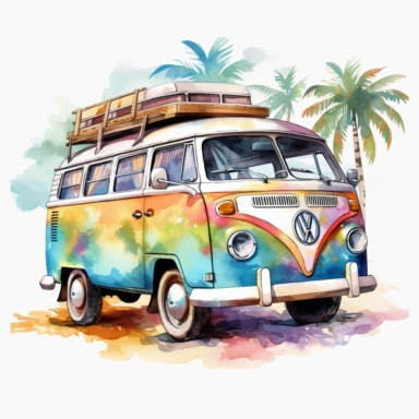 Beautiful and cozy Van on the beach, Hippie's 1970', 9 High Clipart JPGs, cute design in Michael Powell style, Watercolor Art