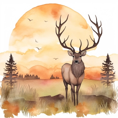 a captivating watercolor clipart image with a white background and earthy colors, featuring a cute elk grazing peacefully in a golden field of grass, with the sun setting in the background. The ultra-detailed, hand-drawn elements capture the serenity and warmth of the scene. Use shades of brown, yellow, and orange to create a visually captivating and tranquil image that conveys the beauty and tranquility of the elk's habitat.