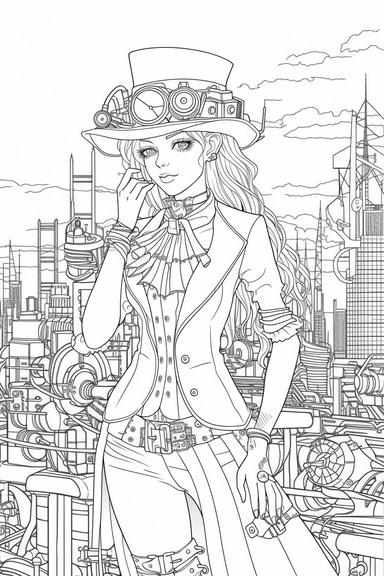 laughing steampunk girl in hat, smiling, flirtateous look at the camera, full body view, proportional hands, five fingers, white hair, beautiful hands, japanese anime style, steampunk city skyline in the background, league of legend style , black and white, line art, coloring page, printable, thin lines, no details, no shadow, crisp lines, illustration, vector, clipart