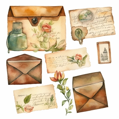 Envelopes, letters, paper mail Watercolor clipart, each item is isolated from the others and lies separately on a white background, Cottagecore vintage clipart, highly detailed painting, watercolor illustration on a white background