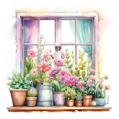 home flowers standing front of a big boho style window with watercolor effect,suitable for digital clipart,white background,greenery plants,home style plants,vibrant scene